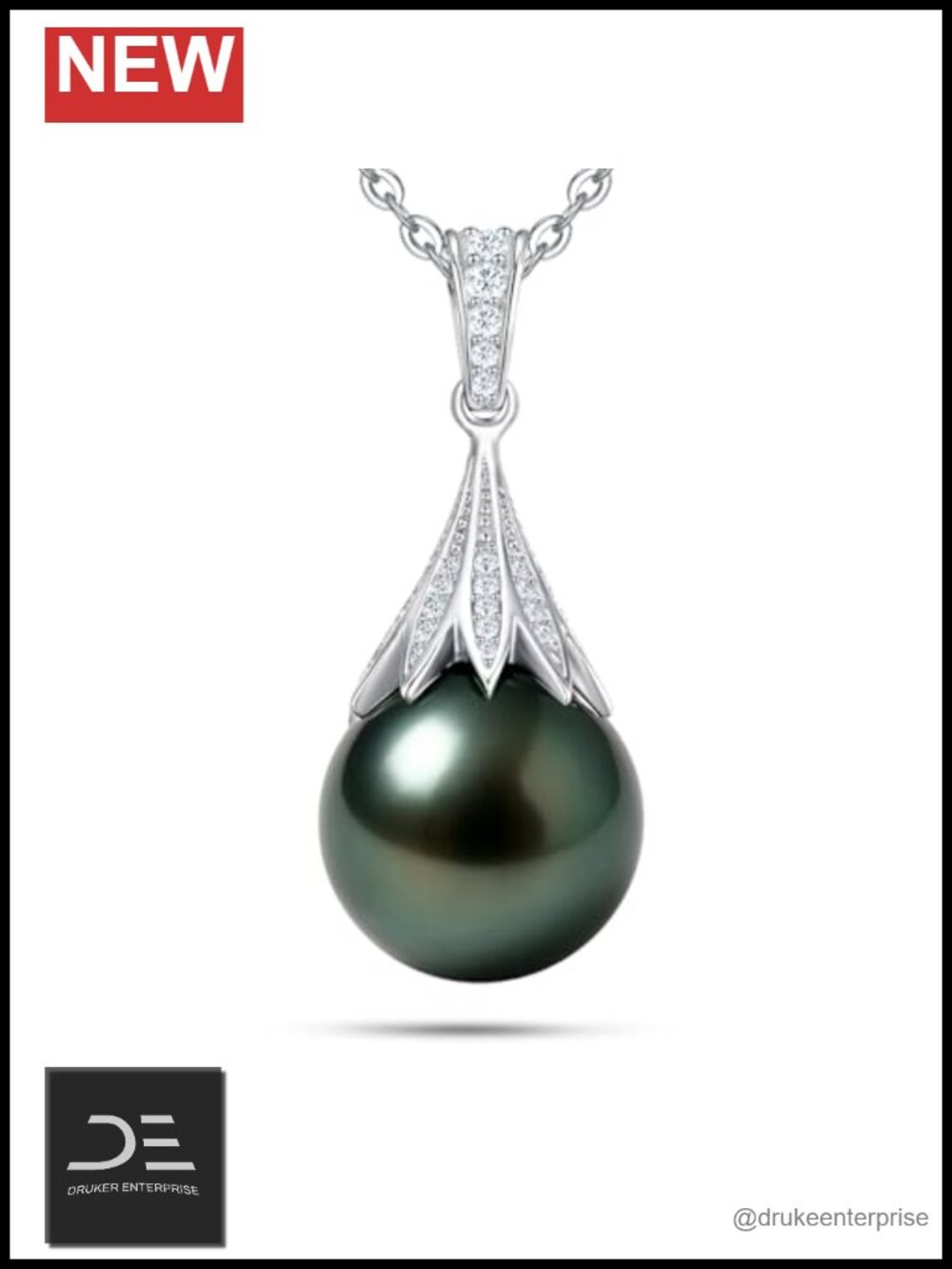 Genuine Tahitian Black Pearl Necklace 10-11mm 925 Sterling Silver Moissanite